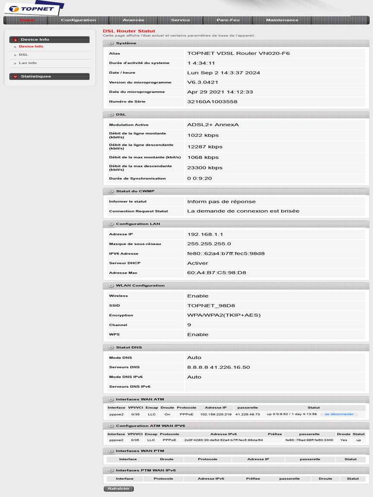 Configuration du Modem Topnet VN020-F6 | PDF | I Pv6 | Débit binaire