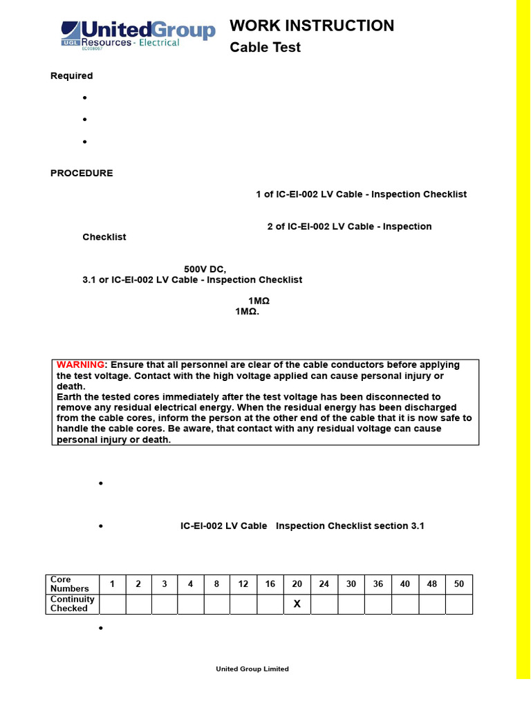WI-EI-002 LV Cable Test | PDF | Insulator (Electricity) | Electrical ...