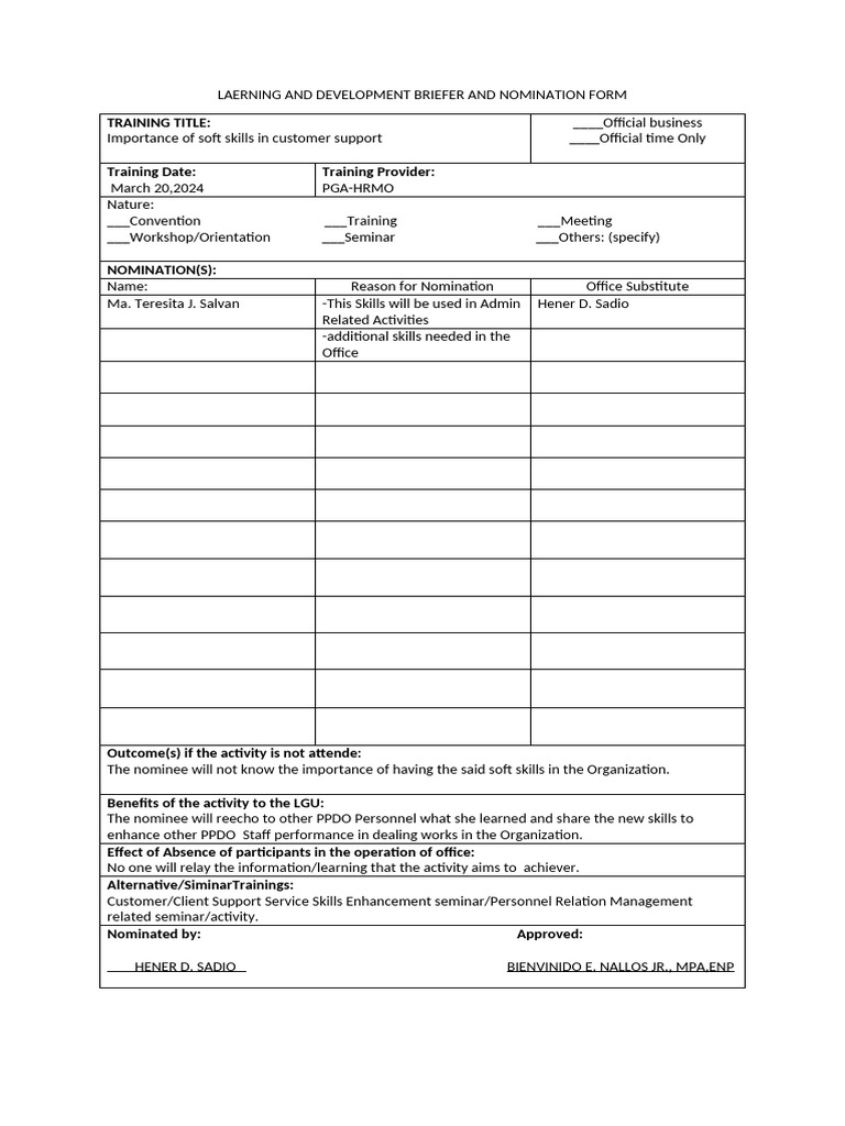 Learning and Development Briefer and Nomination Form | PDF