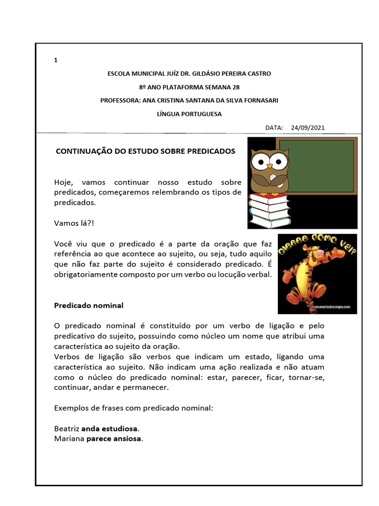 Tipos de Predicado em Língua Portuguesa | PDF | Predicado (gramática ...