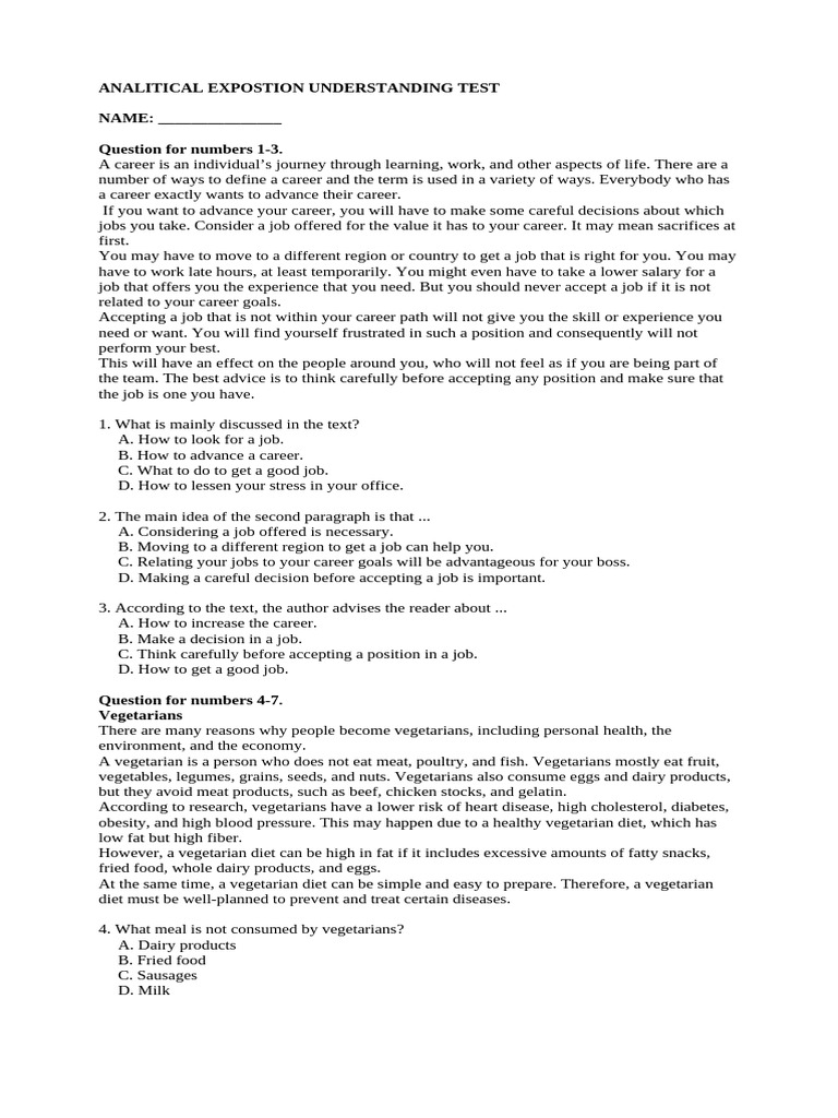 Analitical Expostion Understanding Test | PDF | Vegetarianism | Foods