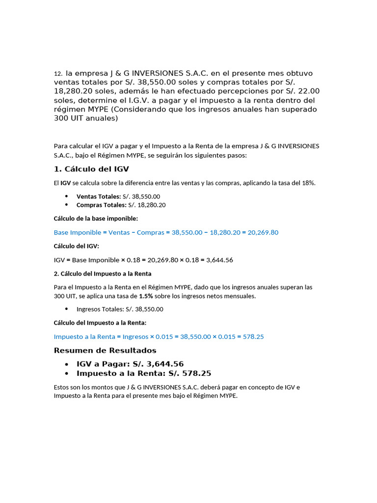 Cálculo de IGV e Impuesto a la Renta MYPE y RER | PDF | Impuesto sobre ...
