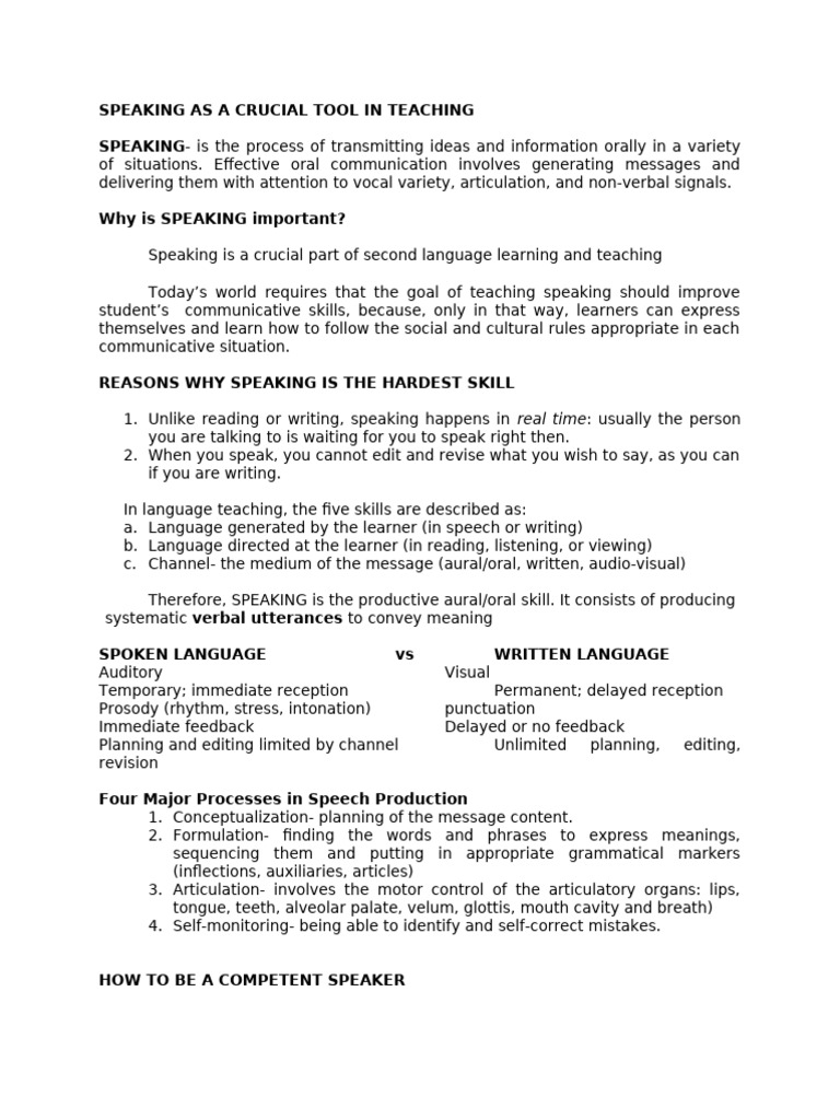 Speaking As A Crucial Tool In Teaching Pdf Speech Second Language