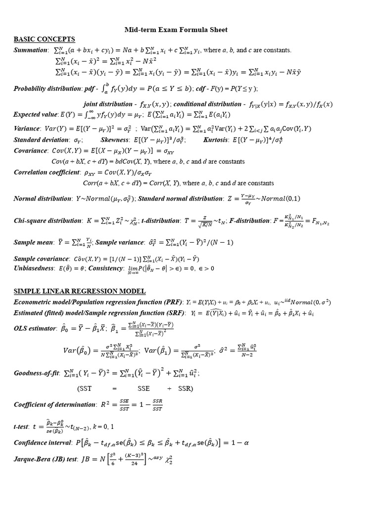 Mid-term Exam Formula Sheet Overview | PDF | Regression Analysis ...
