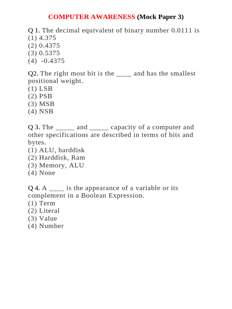 Computer_Mock_3 | PDF | Input/Output | Bit