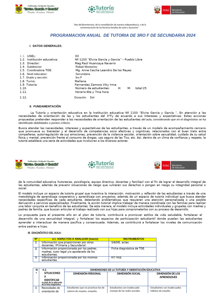 PROGRAMA ANUAL DE TUTORIA EGYG 2024 3ro F | PDF | Aprendizaje | Evaluación