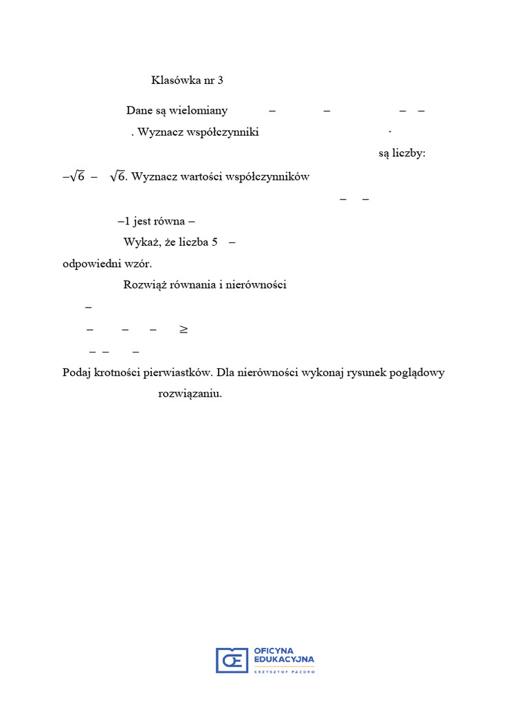 2019 3 Klasowka kl2 Wielomiany ZR A Wer1 | PDF