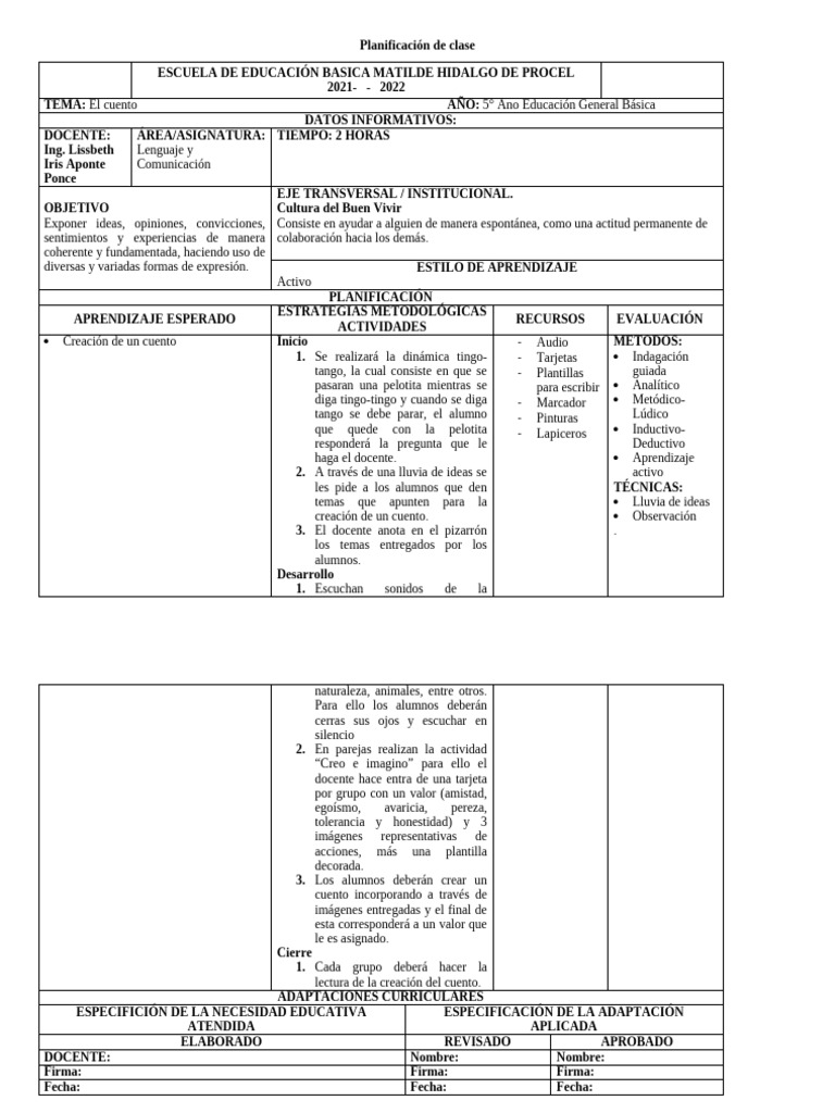 Planificación de Clase | PDF | Maestros | Aprendizaje