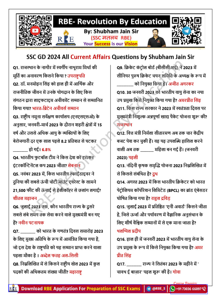 SSC GD 2024 All Current Affairs Questions One Liner Hindi | PDF