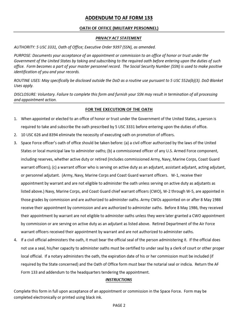 AF Form 133 Oath of Office Addendum | PDF | Officer (Armed Forces ...