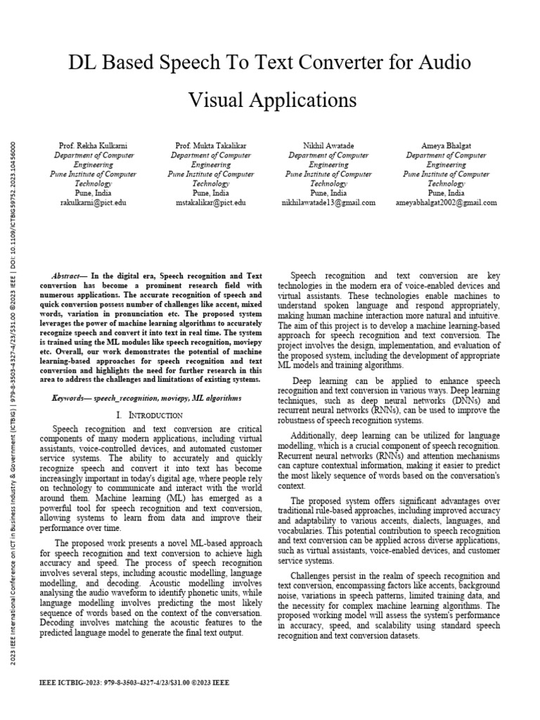 ML-Based Speech to Text Converter | PDF | Speech Recognition | Deep ...