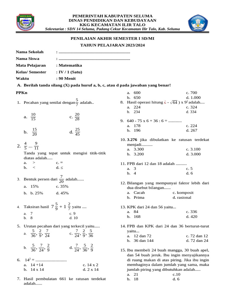 Kelas 4 Soal Matematika Pdf