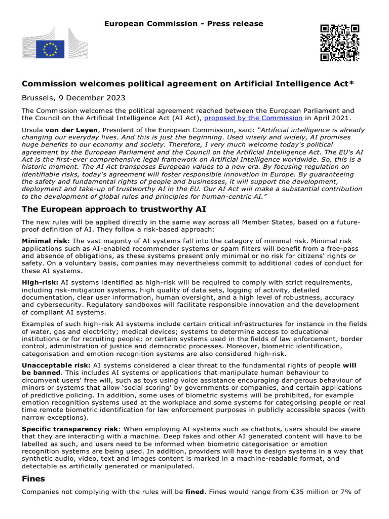 Commission Welcomes Political Agreement On Artificial Intelligence Act ...