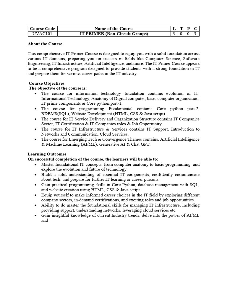 IT Primer Course Syllabus Overview | PDF | Artificial Intelligence ...