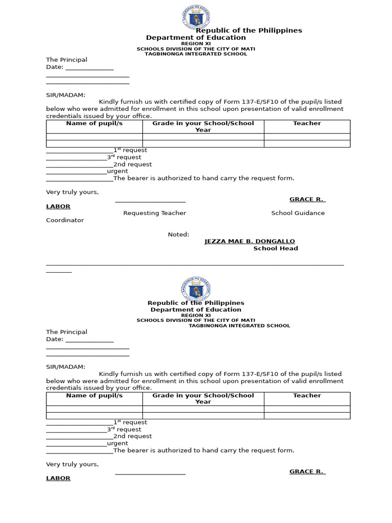 Letter Request of FORM 137 | PDF