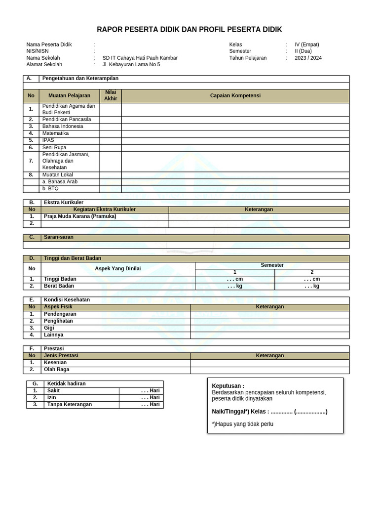Contoh Rapor Kelas 4 SD Semester 2 | PDF