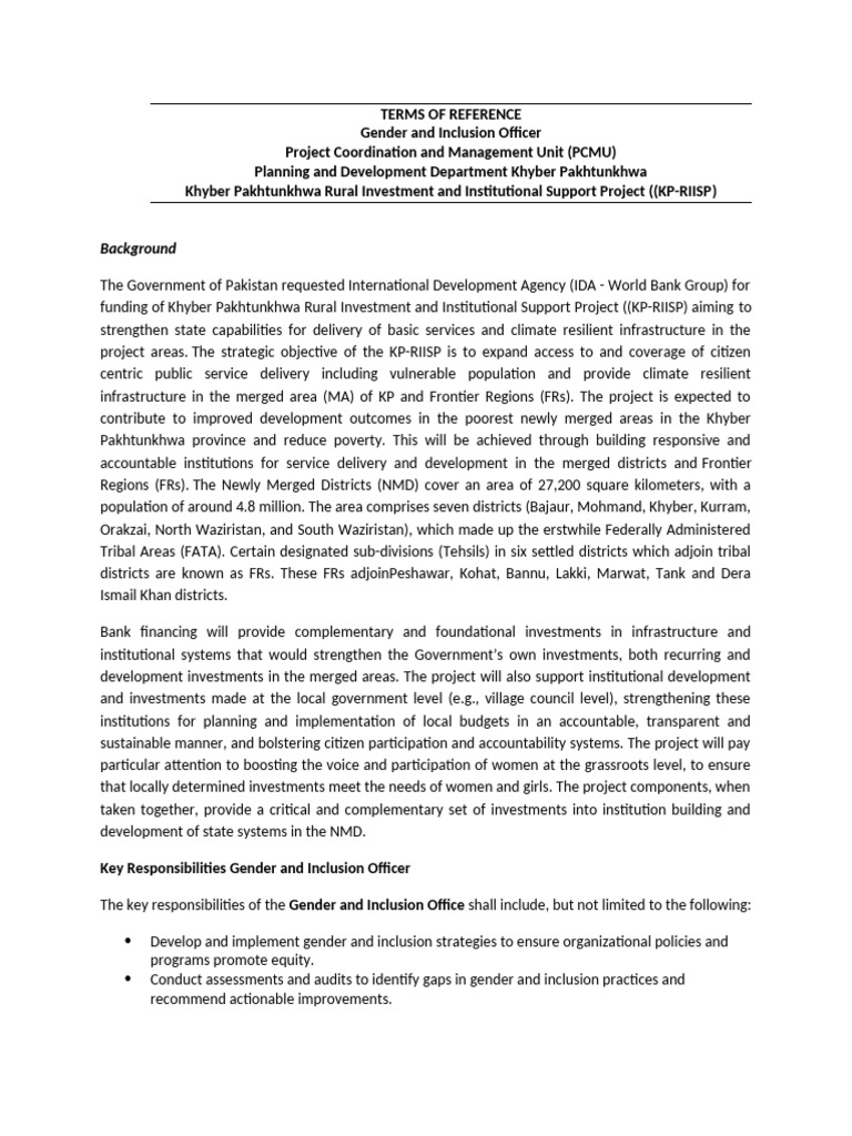 TORs Gender and Inclusion Officer PCMU KP RIISP | PDF | Federally ...