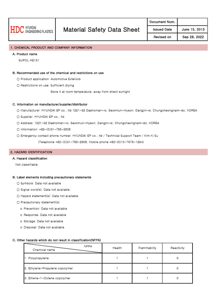 SUPOL HE151 Automotive Exterior MSDS | PDF | Fires | Toxicity