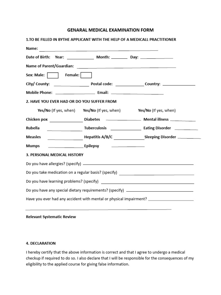 General Medical Examination Form | PDF | Wellness | Lifestyle