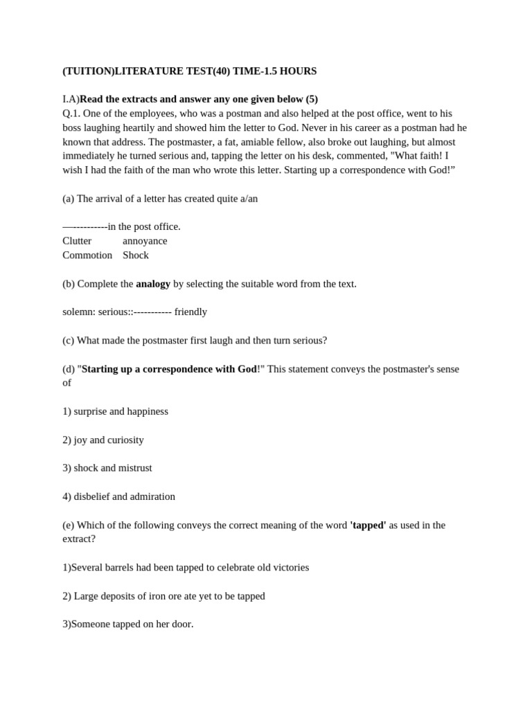 Literature Test: Extract Analysis & Questions | PDF | Foreign Language ...