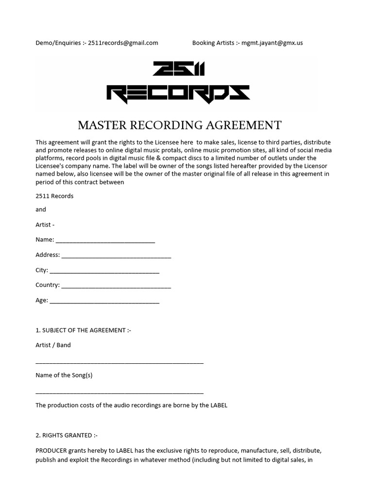 Master Recording Agreement Template | PDF | License | Business Law