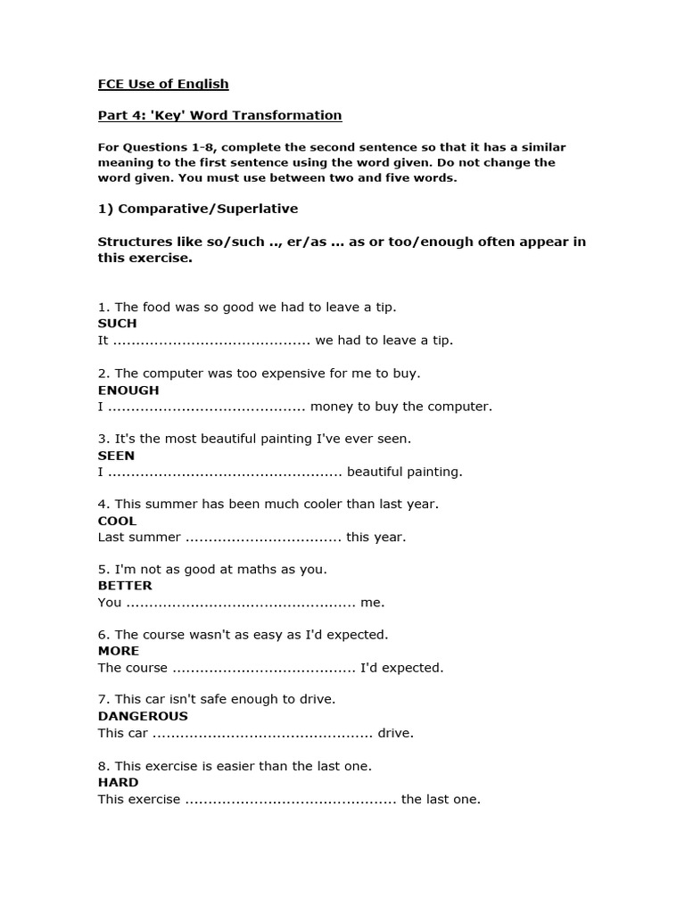 FCE Use of English: Key Transformations | PDF | Linguistics | Grammar