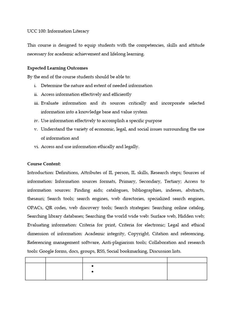 UCC 100 Information Literacy Course Outline | PDF | Information ...