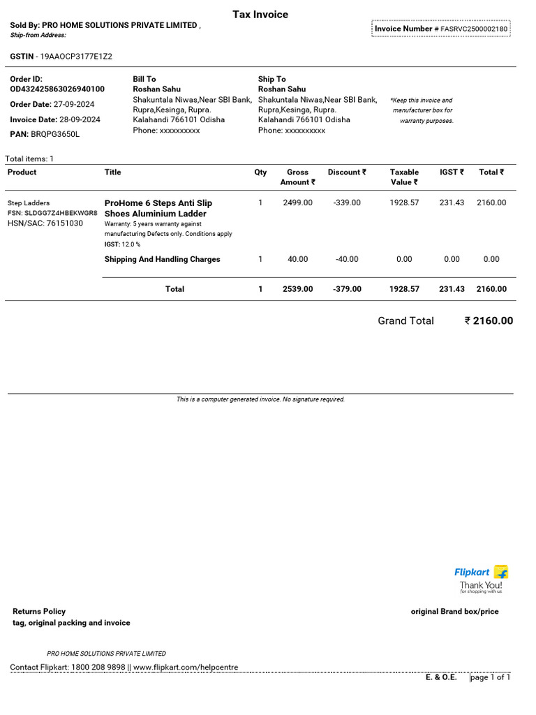 Invoice for Pro Home Solutions Purchase | PDF | Payments