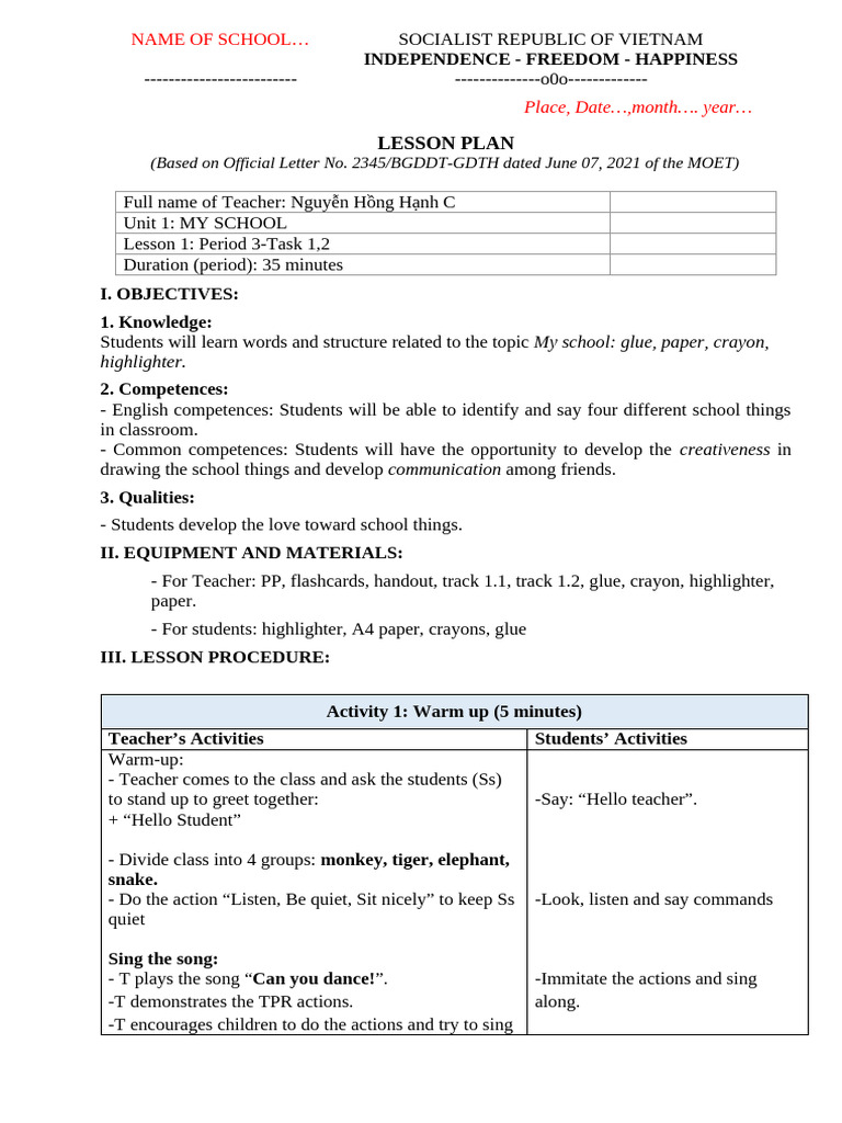 Lesson Plan: My School Activities | PDF | Behavior Modification | Cognition