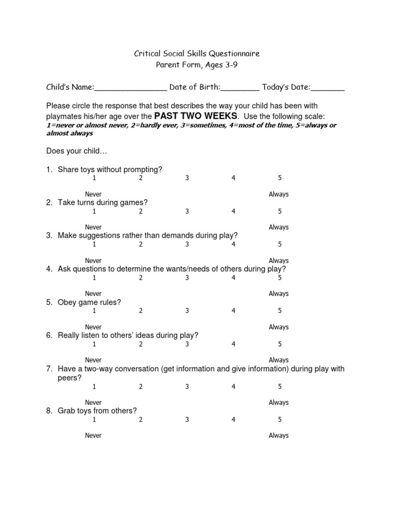 Critical Social Skills Questionnaire | PDF | Social Psychology ...