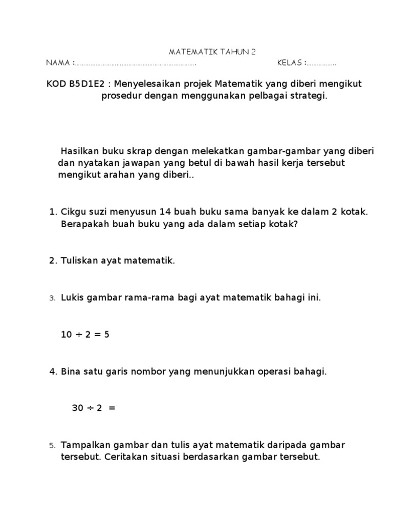 Evidens Pbs Matematik Tahun 2 B5d1e2 1 Projek Bahagi Pdf