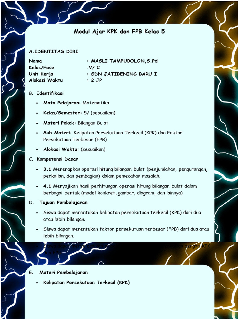 Modul Ajar KPK dan FPB Kelas 5 | PDF | Metode & Bahan Ajar | Seni