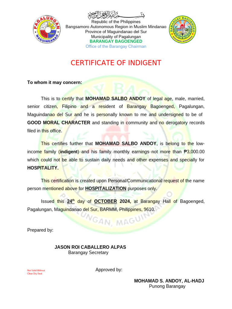 Certificate of Indigency for Mohamad Andoy | PDF