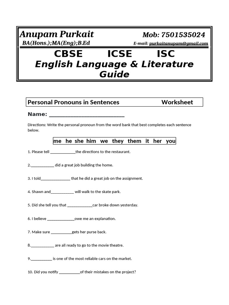 Worksheet On Personal Pronoun Pdf