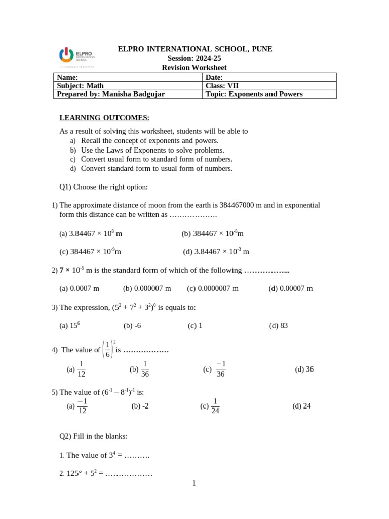 Class 7 Exponents and Powers Worksheet | PDF | Exponentiation | Mathematics