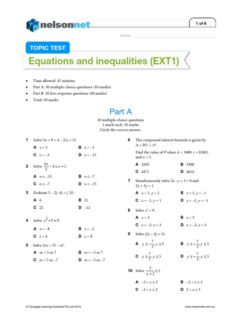 Year 11 topic test MIF 2_Equations (Ext1) | PDF | Multiple Choice ...