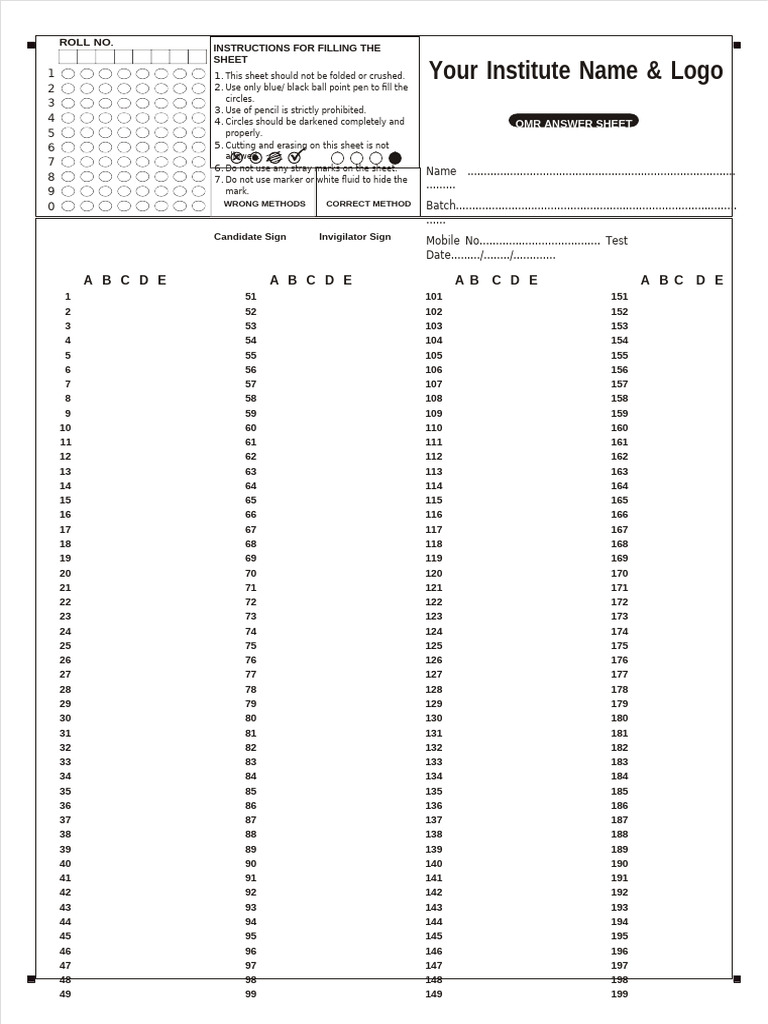 200 Questions OMR Sheet | PDF | Office Equipment | Optical Character Recognition for Free Printable Answer Sheet 1 200