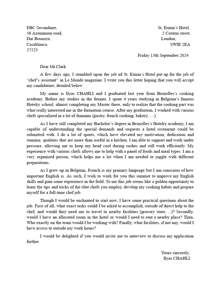 St. Ermin's Hotel Application Letter | PDF | Chef | Cooking