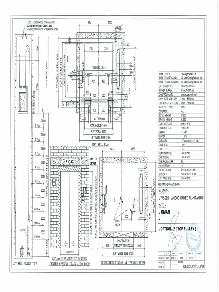 Signed Drawing Passenger Elevator (2-Nos) Service Elevator (1-Nos) | PDF