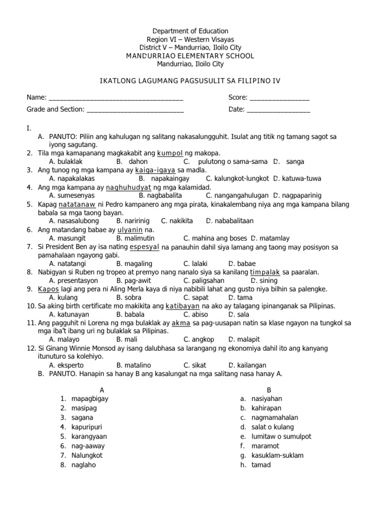 3rd Examination in FIlipino IV | PDF