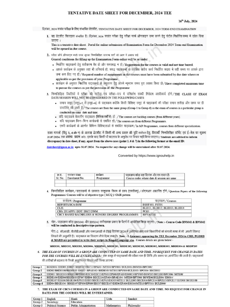 Ignou tentative date sheet december 2024 pdf