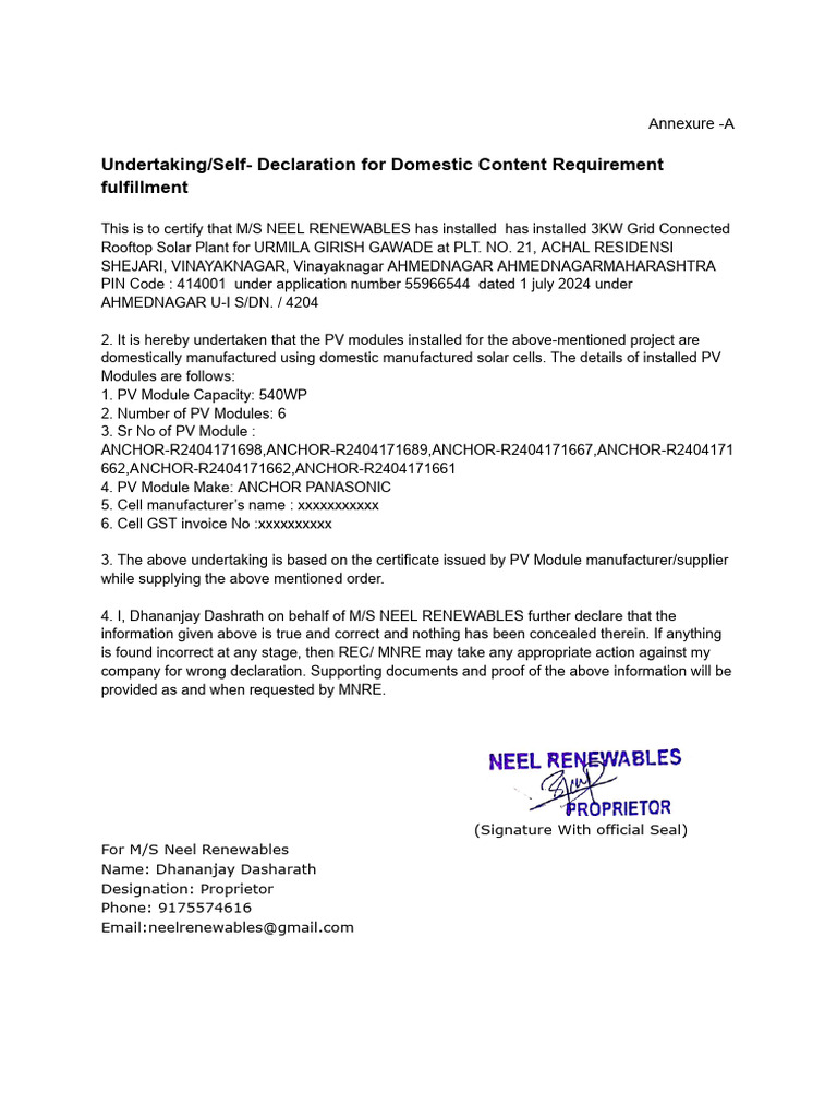 Domestic Content Declaration for Solar Plant | PDF