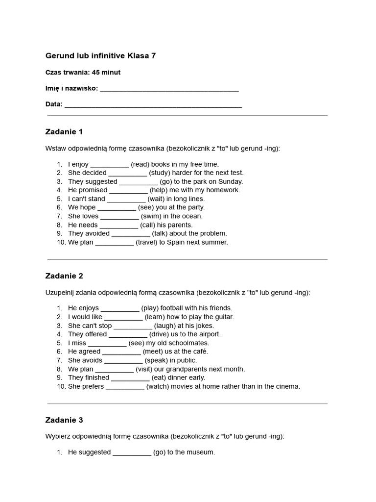 Gerunds and Infinitives Exercises for 7th Grade | PDF | Language Arts ...