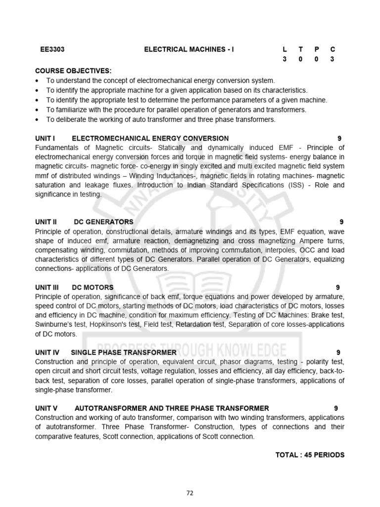 Ee3303 Electrical Machines I Syllabus Pdf Electric Motor Transformer
