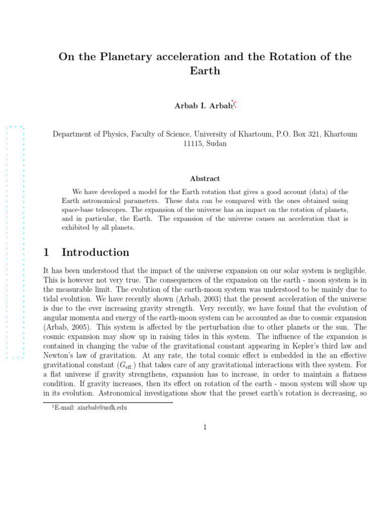 On The Planetary Acceleration and The Rotation of The Earth: Arbab I ...