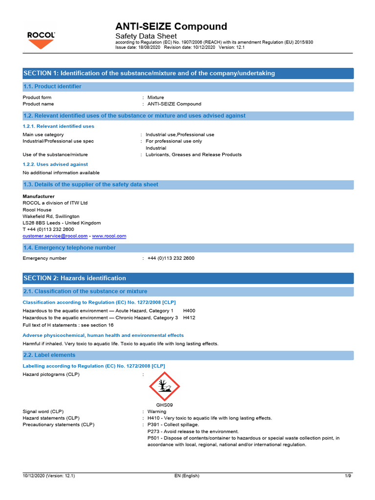 Anti-Seize Compound Safety Data Sheet | PDF | Toxicity | Safety