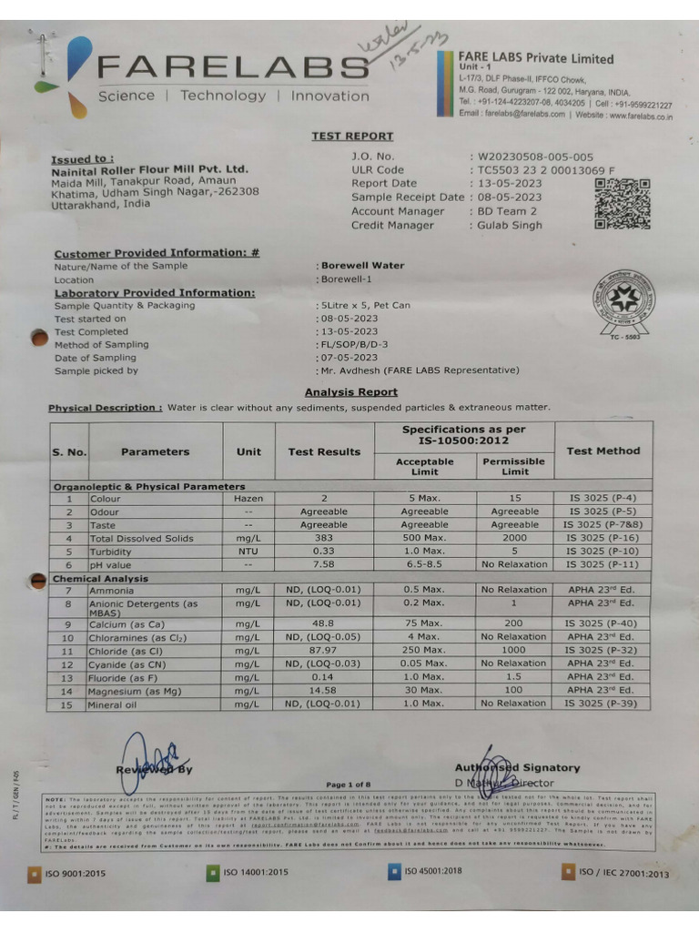 Potable Water Test Report | PDF