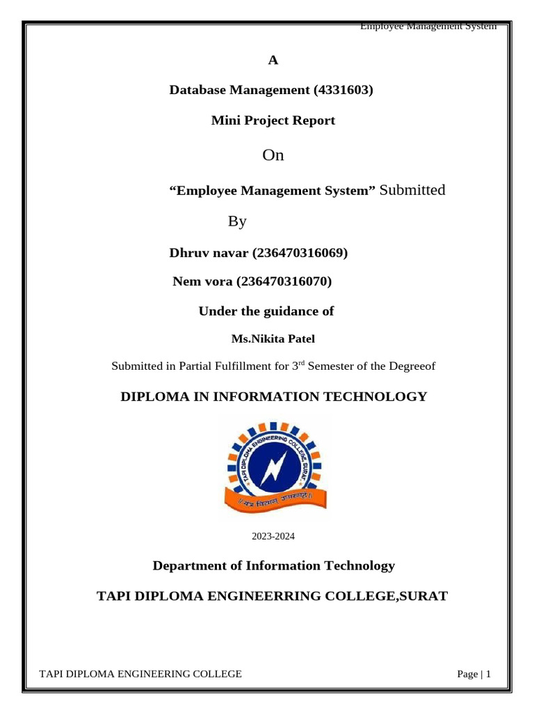 Employee Management System Project Report | PDF | Databases | Sql