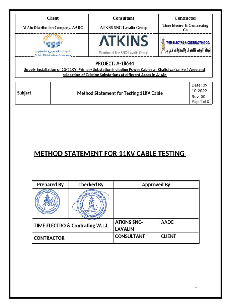 11kV Cable Testing Method Statement | PDF | Electrical Resistance And ...