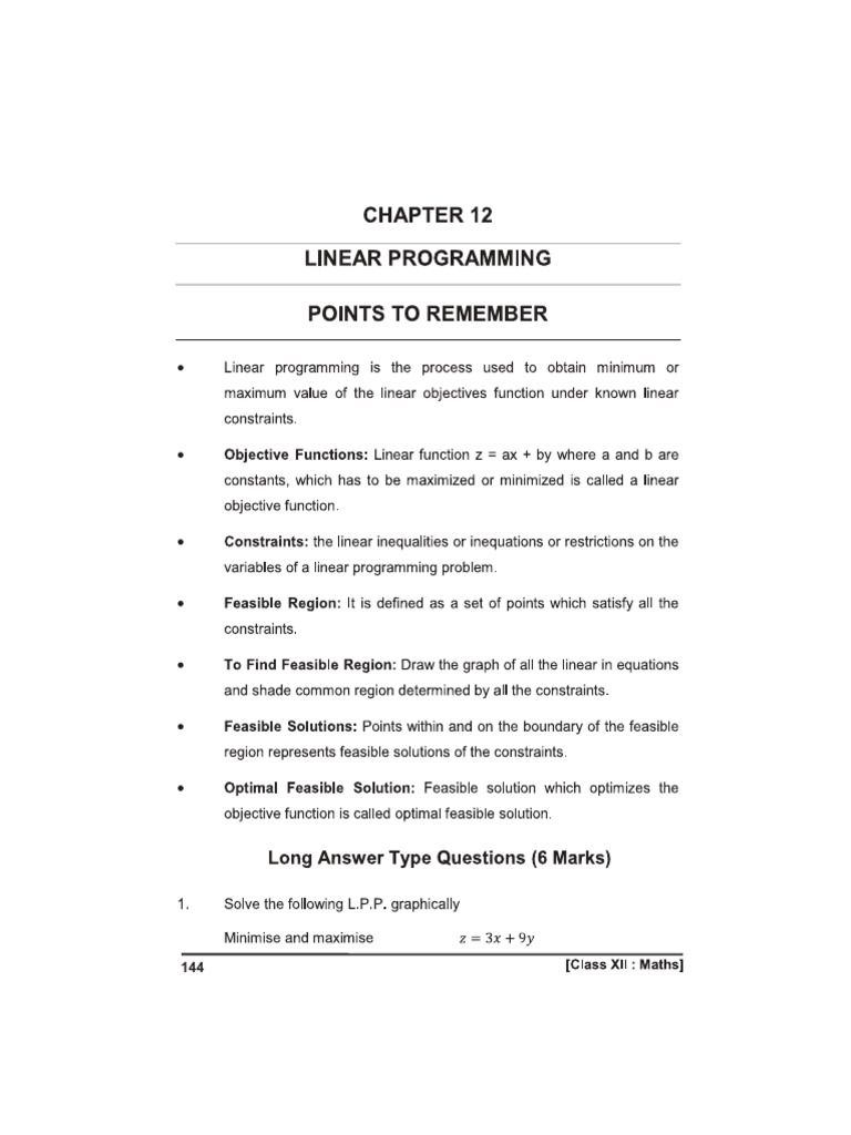 CBSE Class 12 Maths Linear Programming Notes Question Bank | PDF